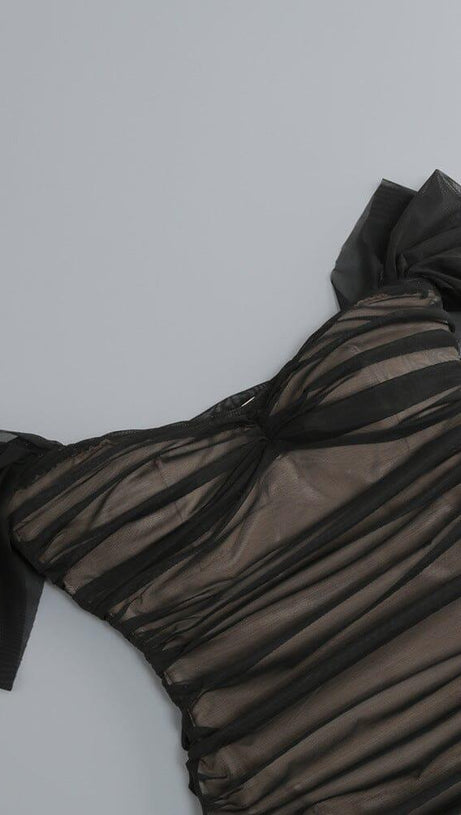 OFF SHOULDER MESH RUCHED MAXI DRESS