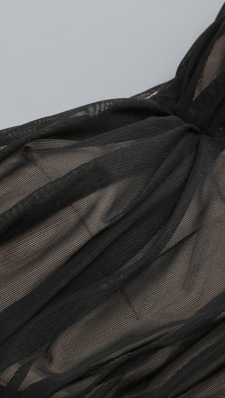 OFF SHOULDER MESH RUCHED MAXI DRESS