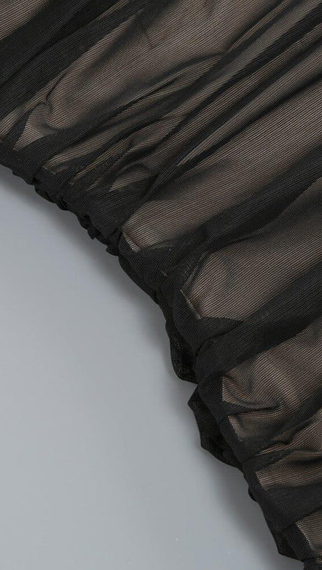 OFF SHOULDER MESH RUCHED MAXI DRESS