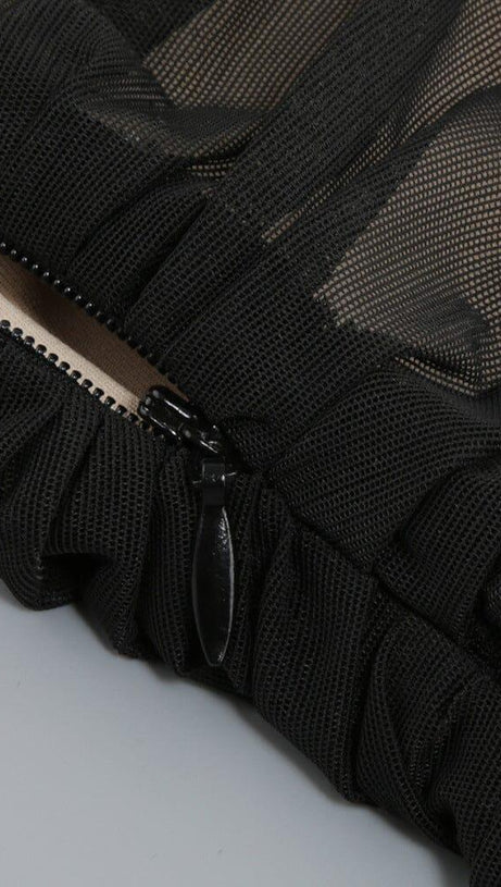 OFF SHOULDER MESH RUCHED MAXI DRESS