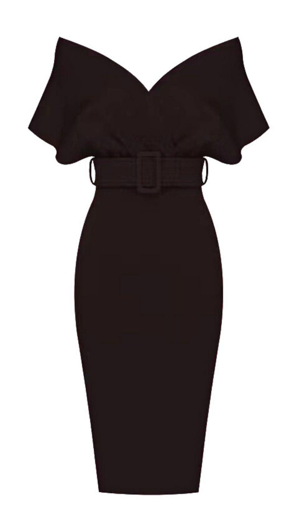 AIIZIE OFF SHOULDER V NECK BODYCON MIDI DRESS IN BLACK - product image