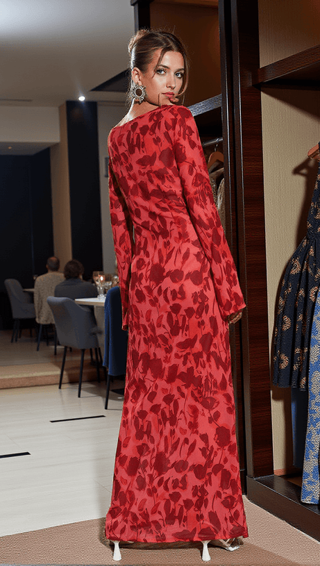 CECILY LONG SLEEVE ROSE PRINTED MAXI DRESS