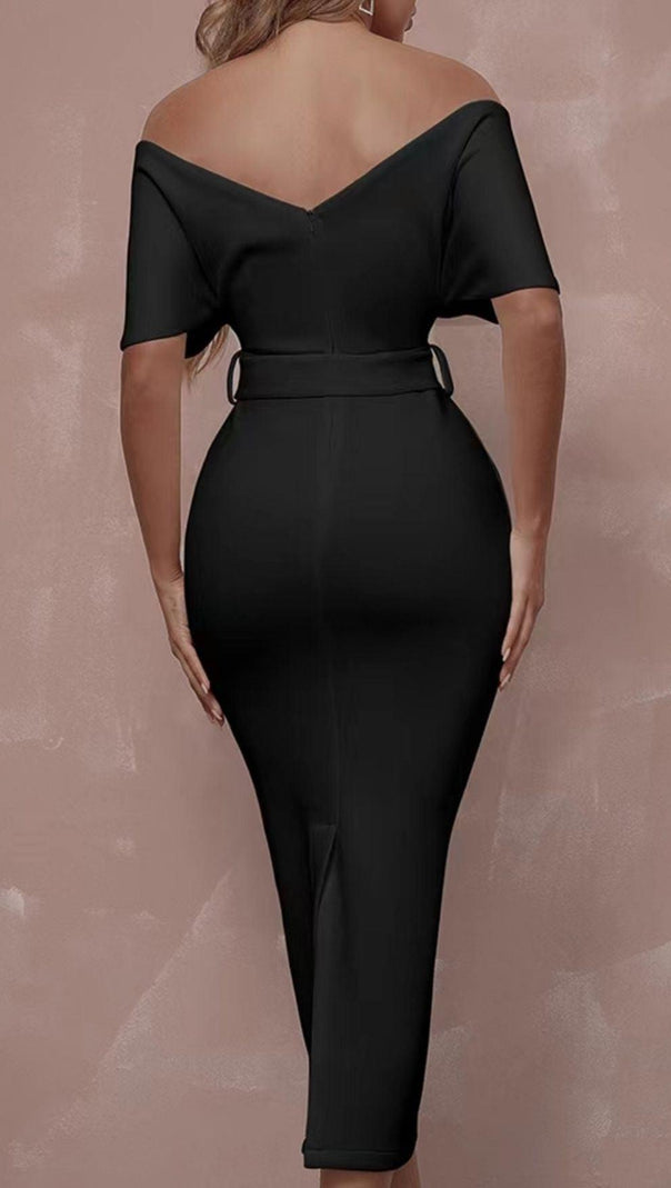 AIIZIE OFF SHOULDER V NECK BODYCON MIDI DRESS IN BLACK - product image