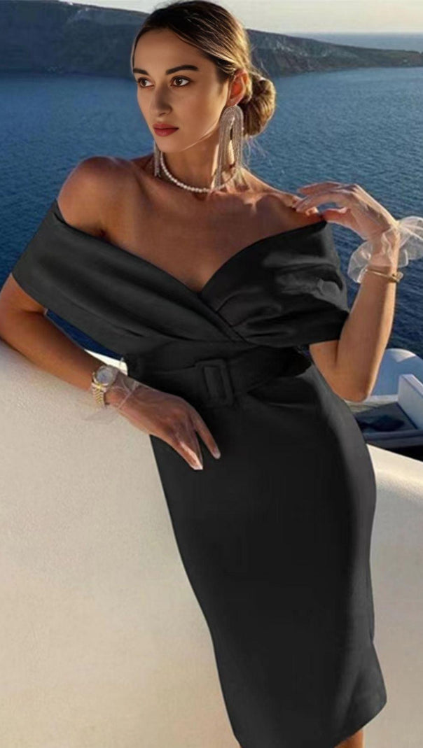 AIIZIE OFF SHOULDER V NECK BODYCON MIDI DRESS IN BLACK - product image
