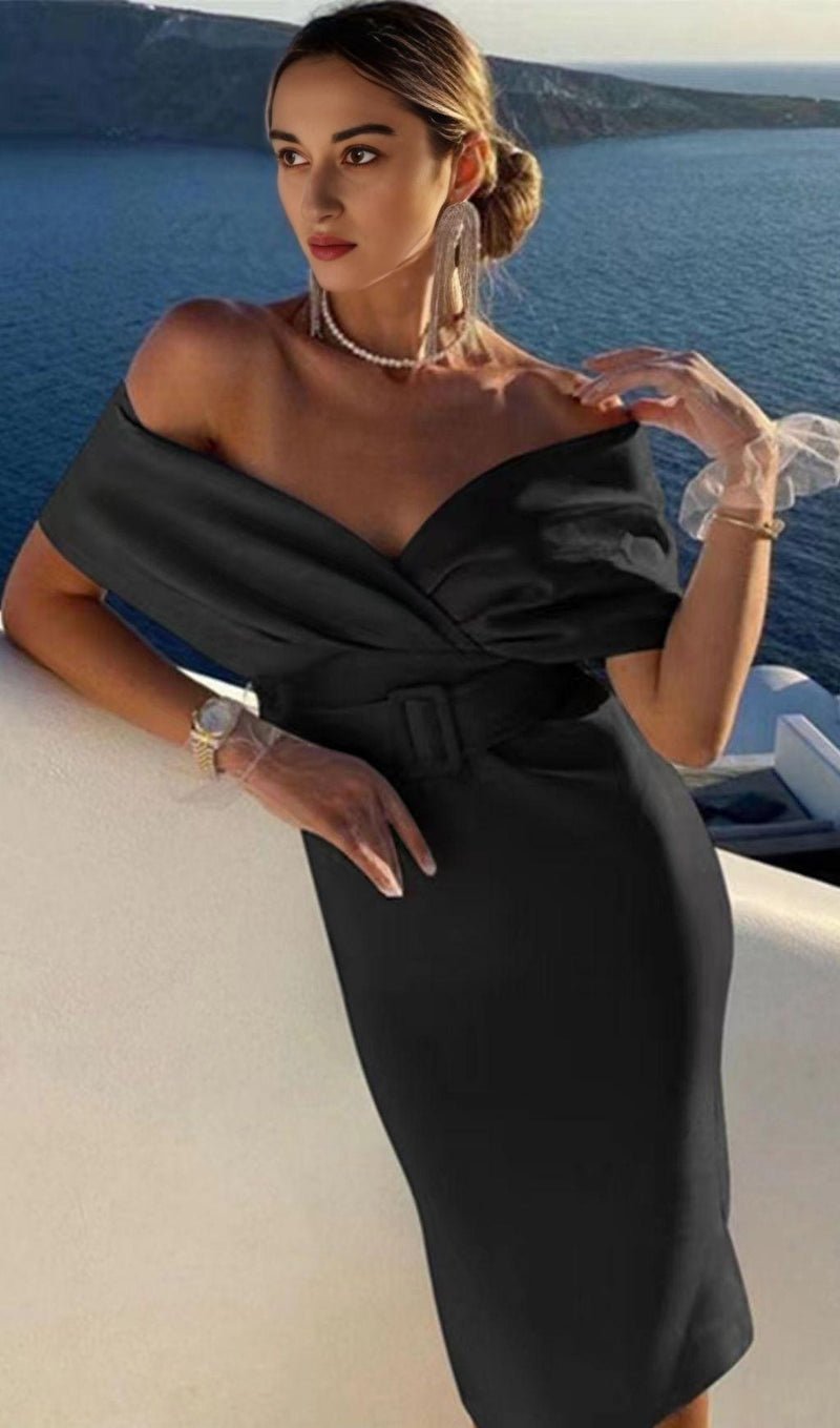 OFF SHOULDER V NECK BODYCON MIDI DRESS IN BLACK