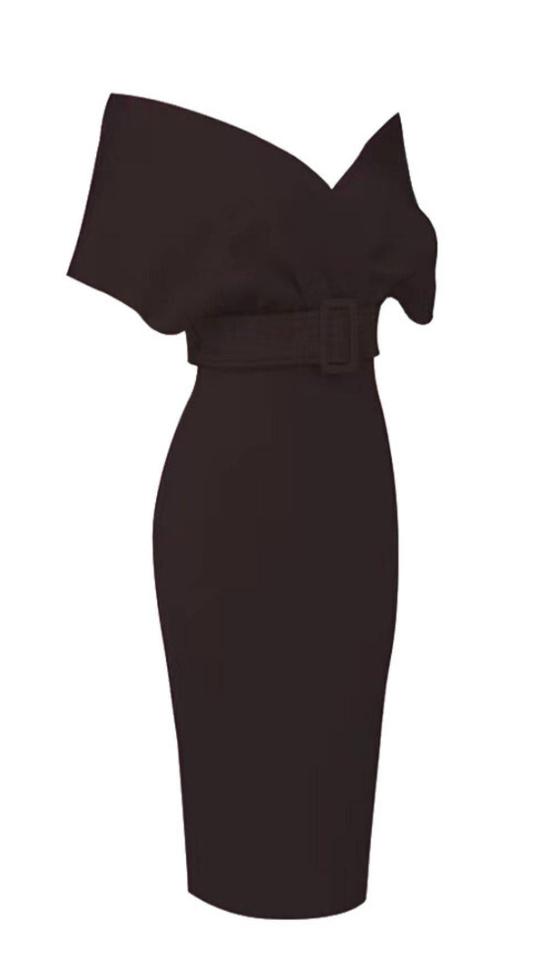 AIIZIE OFF SHOULDER V NECK BODYCON MIDI DRESS IN BLACK - product image