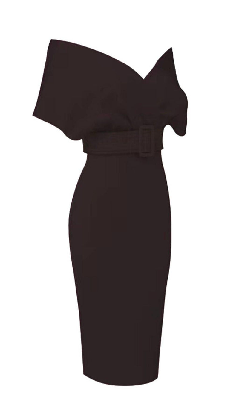 OFF SHOULDER V NECK BODYCON MIDI DRESS IN BLACK