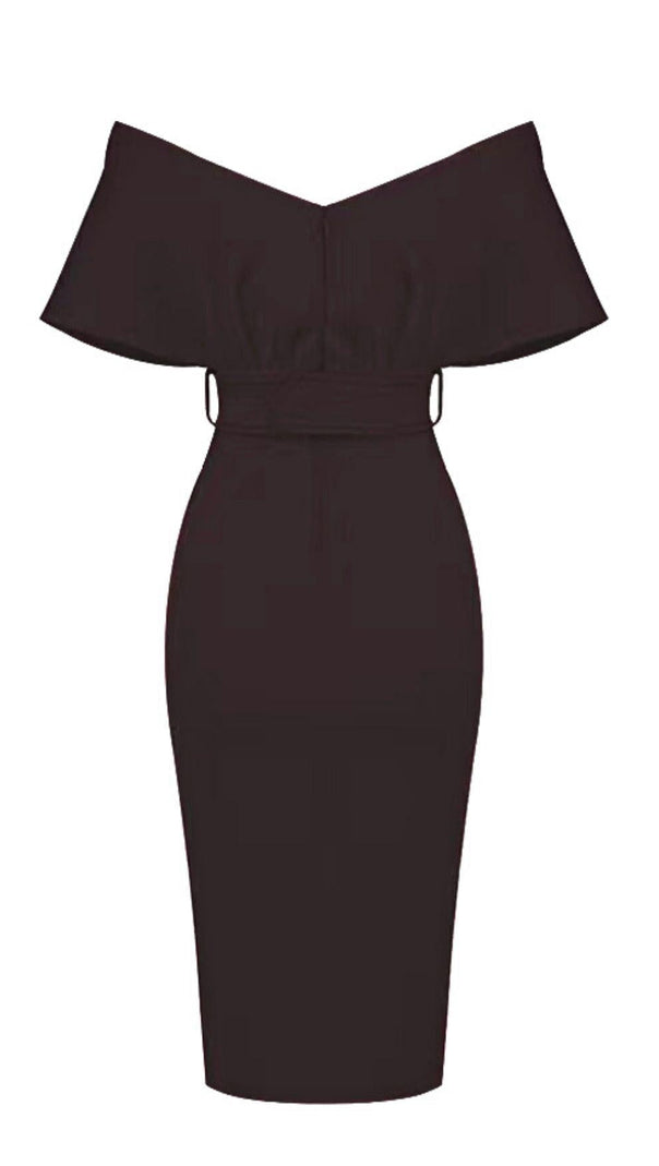 AIIZIE OFF SHOULDER V NECK BODYCON MIDI DRESS IN BLACK - product image
