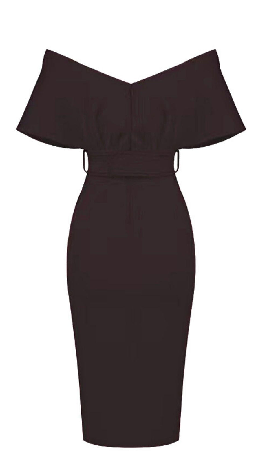 OFF SHOULDER V NECK BODYCON MIDI DRESS IN BLACK