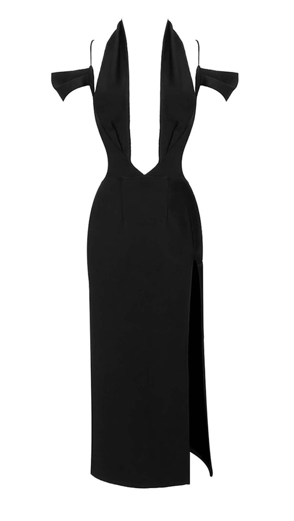 AIIZIE OFF THE SHOULDER HALTER MIDI DRESS IN BLACK - product image