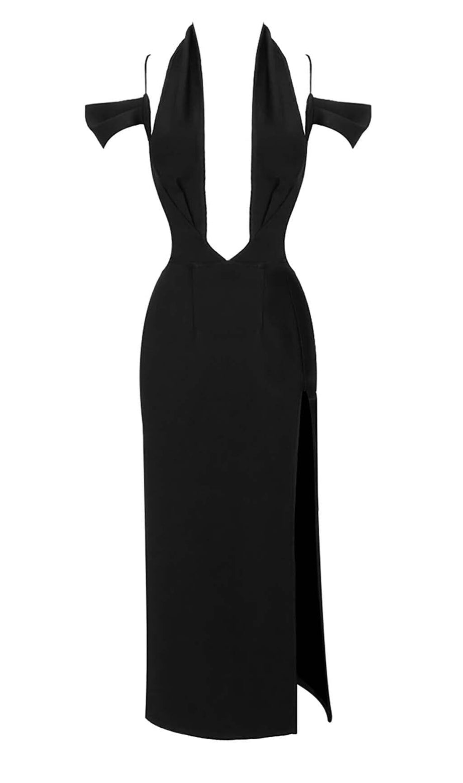 OFF THE SHOULDER HALTER MIDI DRESS IN BLACK
