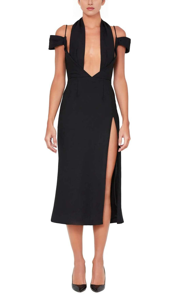 OFF THE SHOULDER HALTER MIDI DRESS IN BLACK