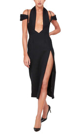 OFF THE SHOULDER HALTER MIDI DRESS IN BLACK