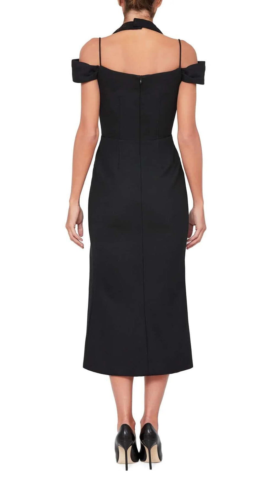 SCHULTERFREIES MIDIKLEID MIT NECKHOLDER IN SCHWARZ