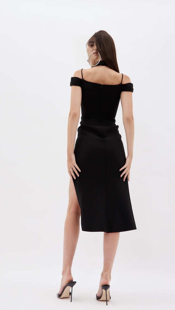AIIZIE OFF THE SHOULDER HALTER MIDI DRESS IN BLACK - product image