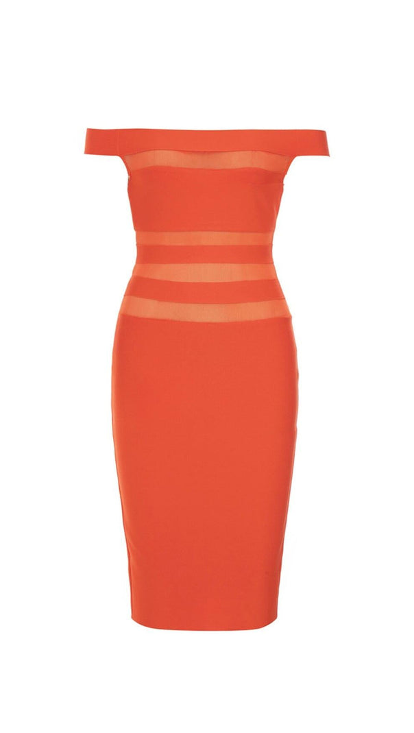 AIIZIE OFF-SHOULDER BANDAGE BODYCON MIDI DRESS IN RED - product image