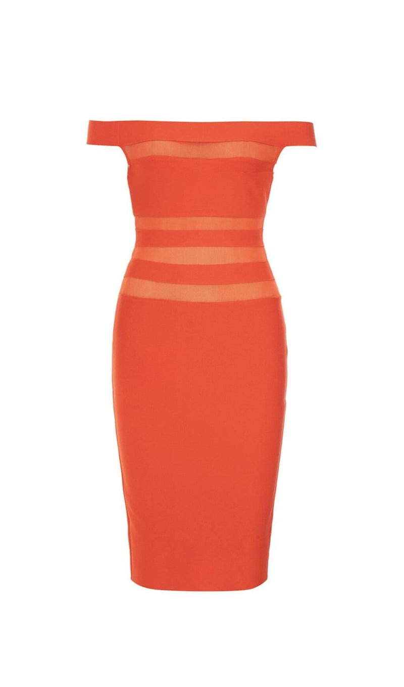 OFF-SHOULDER BANDAGE BODYCON MIDI DRESS IN RED