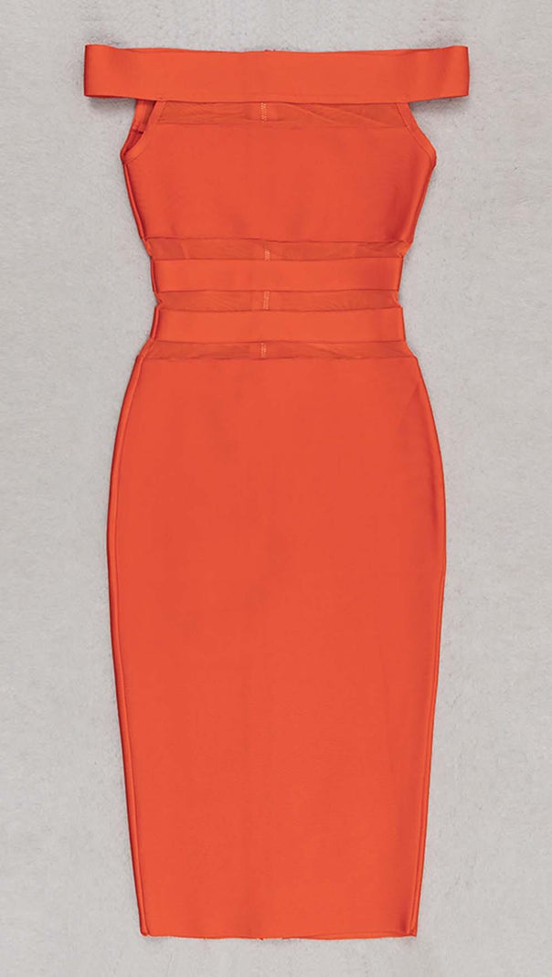 AIIZIE OFF-SHOULDER BANDAGE BODYCON MIDI DRESS IN RED - product image