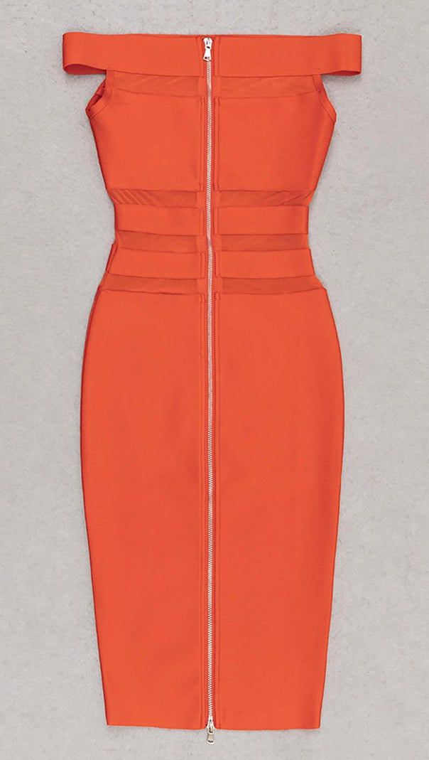 AIIZIE OFF-SHOULDER BANDAGE BODYCON MIDI DRESS IN RED - product image
