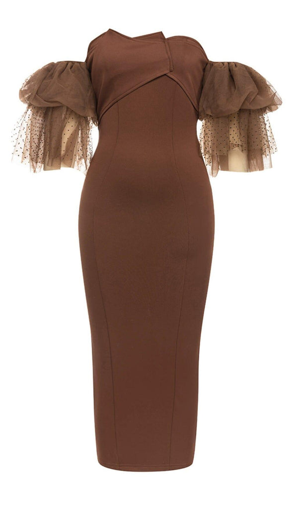 OFF-SHOULDER RUFFLED MIDI DRESS IN BROWN