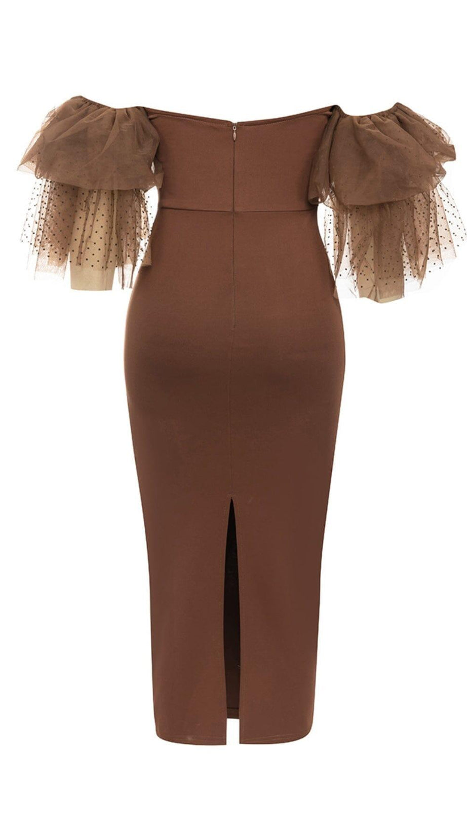 OFF-SHOULDER MIDIKLEID MIT RÜSCHEN IN BRAUN