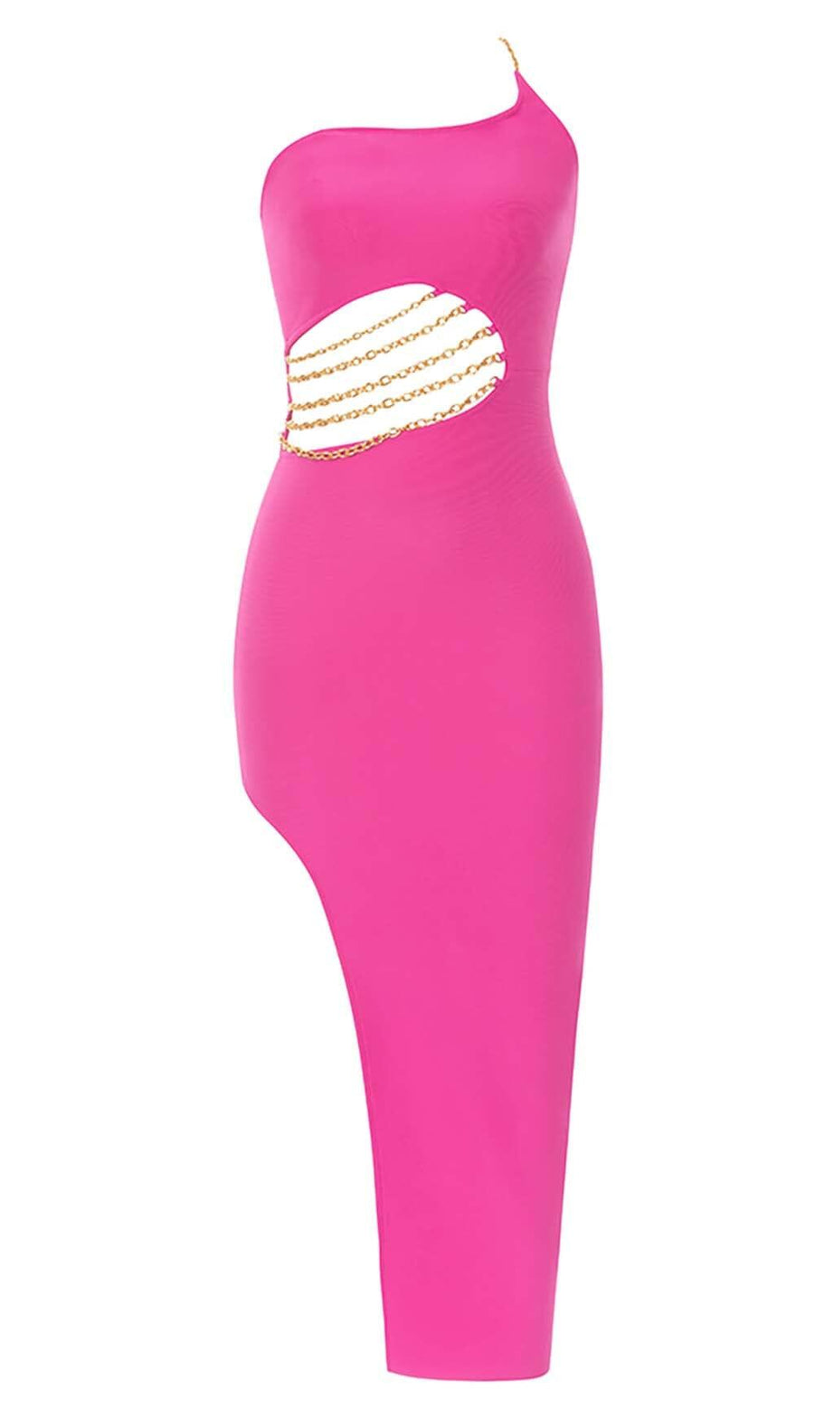 ONE SHOULDER CHAIN MIDI DRESS IN PINK
