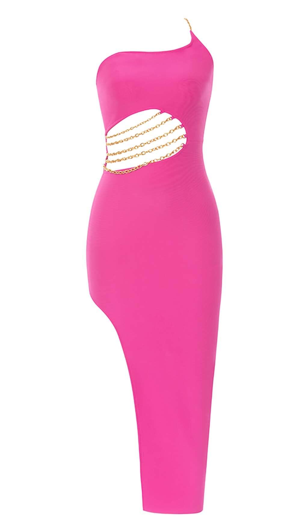 ABITO MIDI MONOSPALLA CON CATENA ROSA