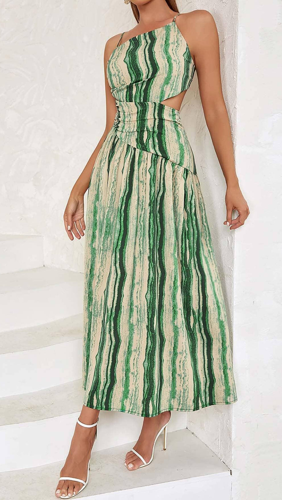 ONE SHOULDER CUT OUT WAIST DRESS IN ALLOVER