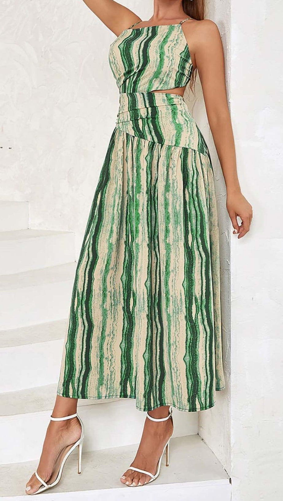 ONE SHOULDER CUT OUT WAIST DRESS IN ALLOVER