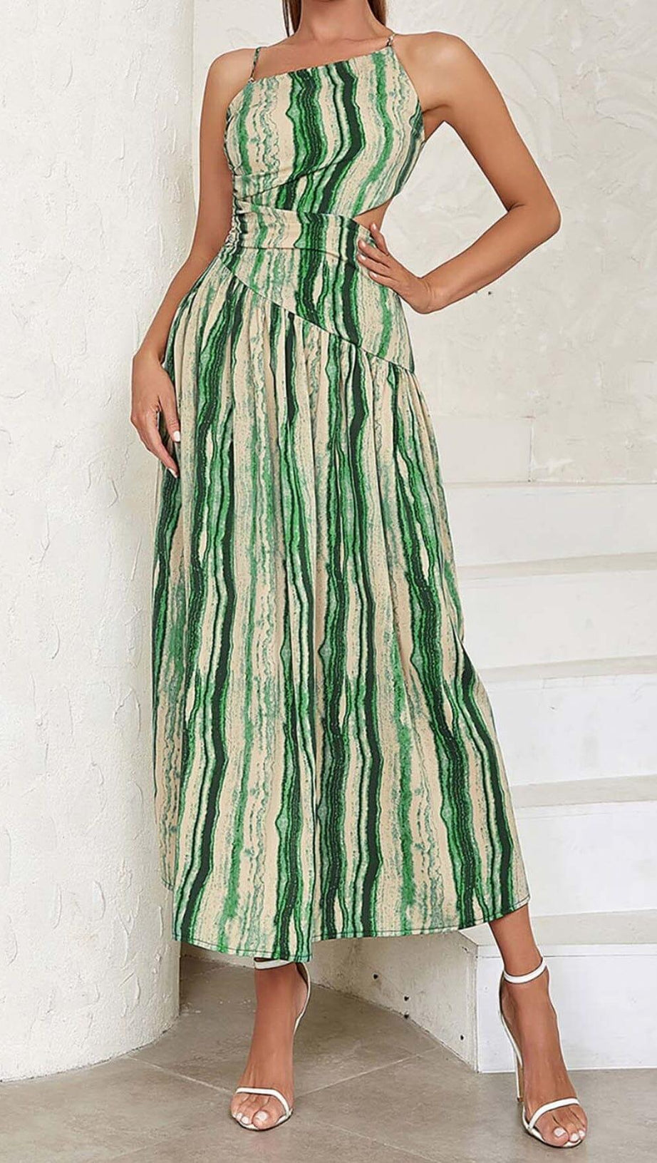 ONE SHOULDER CUT OUT WAIST DRESS IN ALLOVER