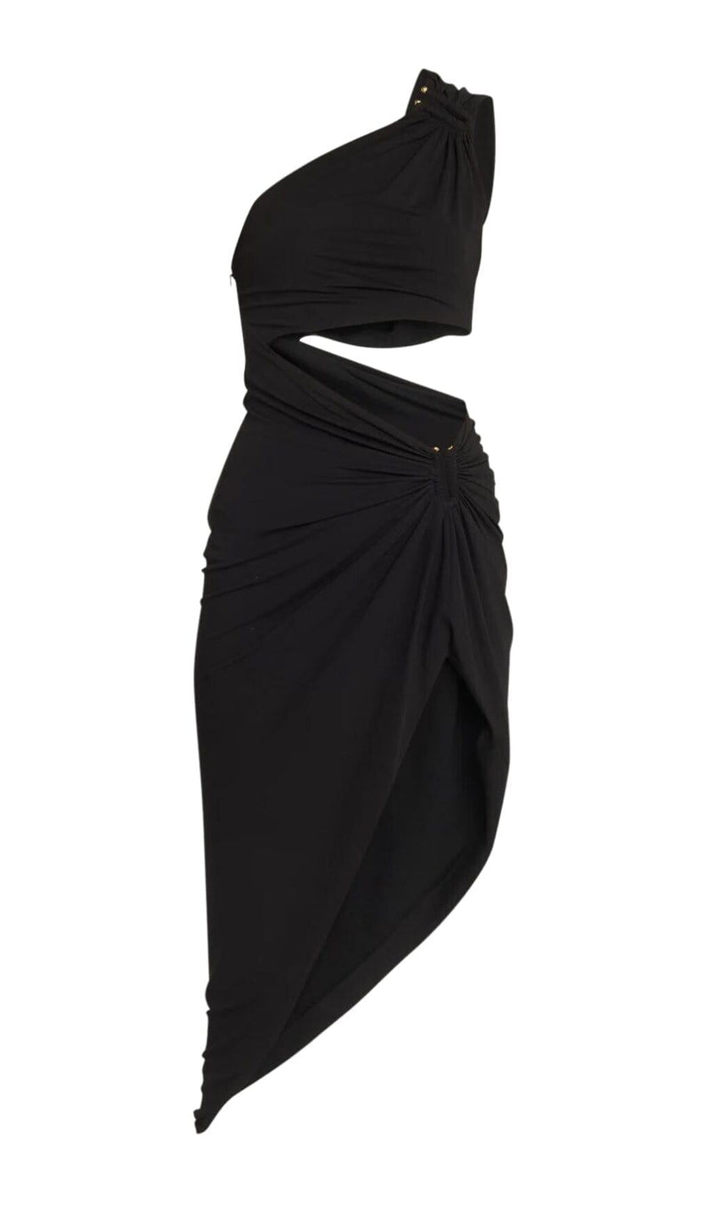 ONE SHOULDER CUTOUT MIDI DRESS IN BLACK