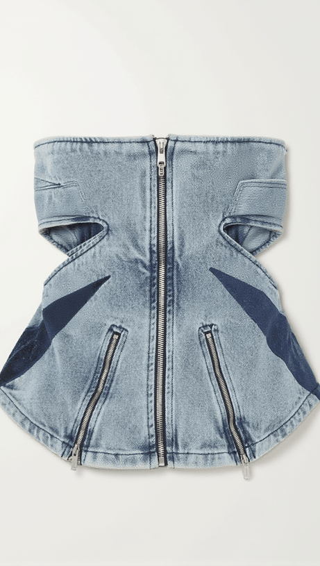 AMAREL STRAPLESS CUTOUT ZIP DENIM TOP