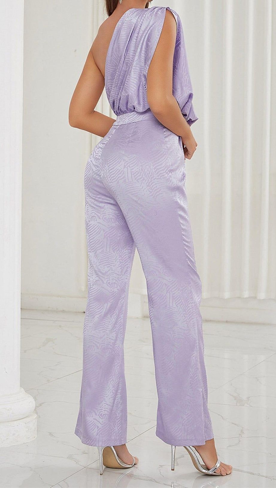 ONE SHOULDER SATIN JUMPSUIT IN LAVENDER