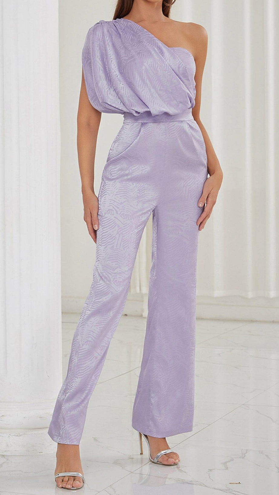 ONE SHOULDER SATIN JUMPSUIT IN LAVENDER