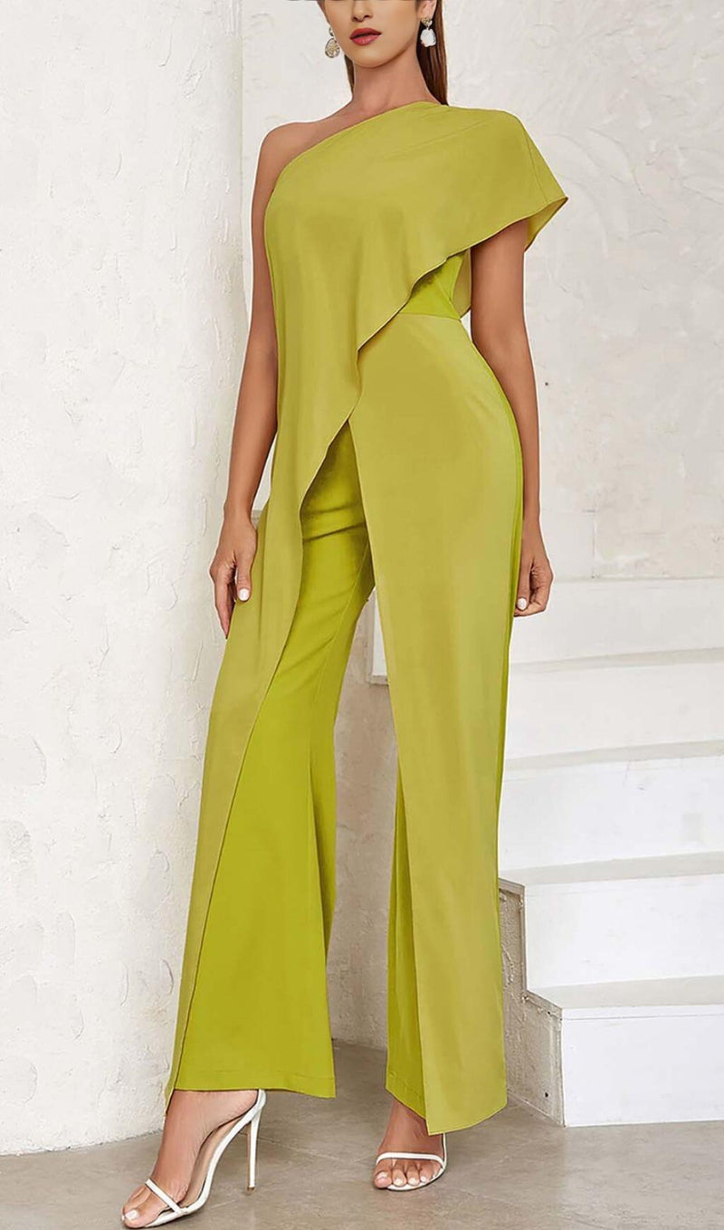 ONE SHOULDER TIERED JUMPSUIT IN OLIVE