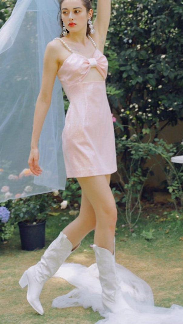 AIIZIE PEARL STRAPPY SATIN MINI DRESS IN PINK - product image