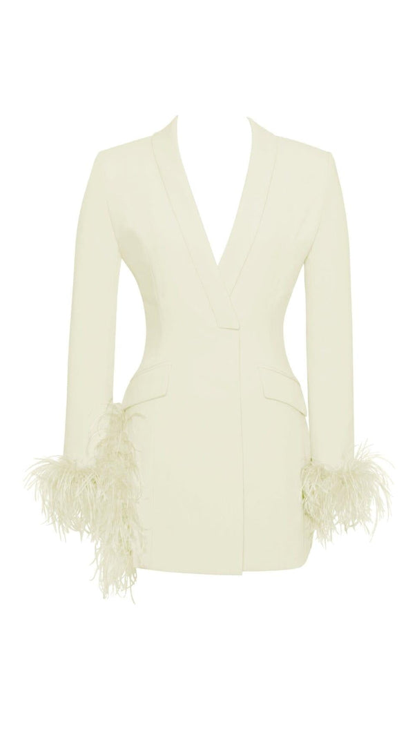 AIIZIE PEARL WHITE FEATHER TRIM BLAZER DRESS - product image