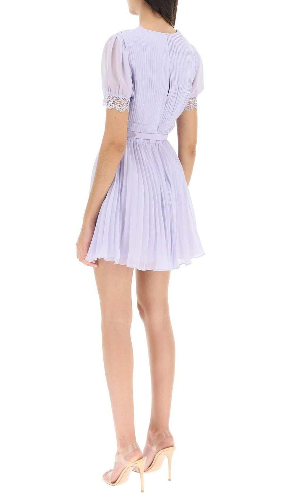 PLEATED CHIFFON MINI DRESS IN LAVENDER