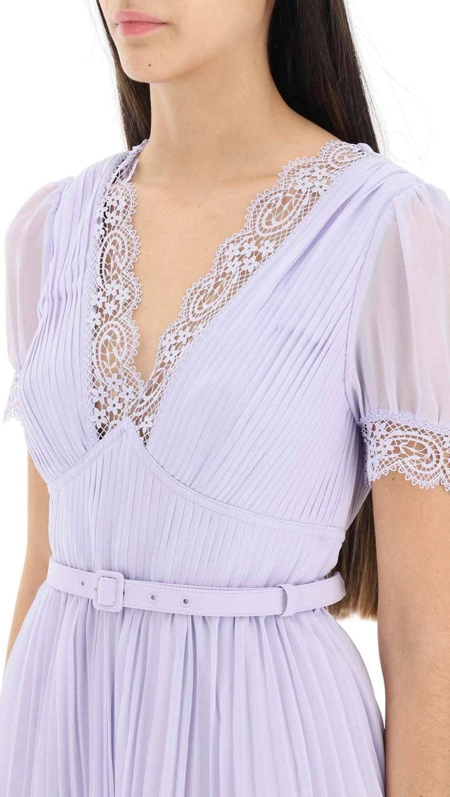 PLEATED CHIFFON MINI DRESS IN LAVENDER