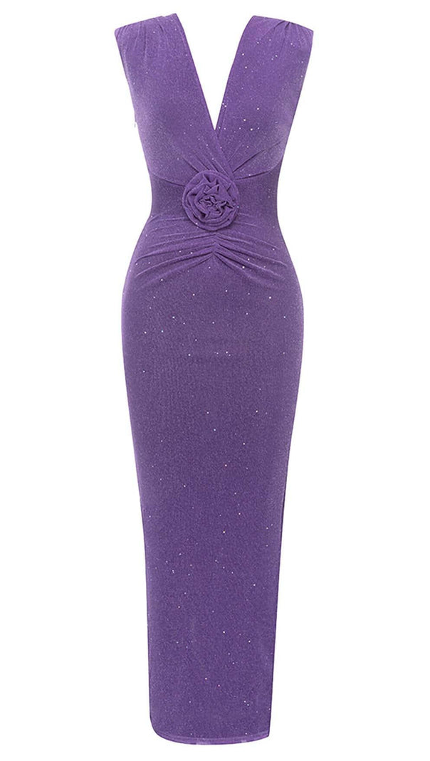 AIIZIE PLUNGE GLITTER BANDAGE MIDI DRESS IN AMETHYST - product image