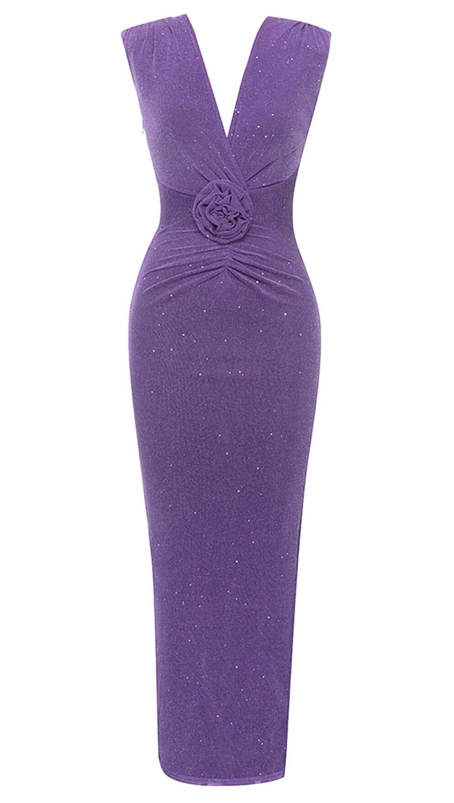 PLUNGE GLITTER BANDAGE MIDI DRESS IN AMETHYST