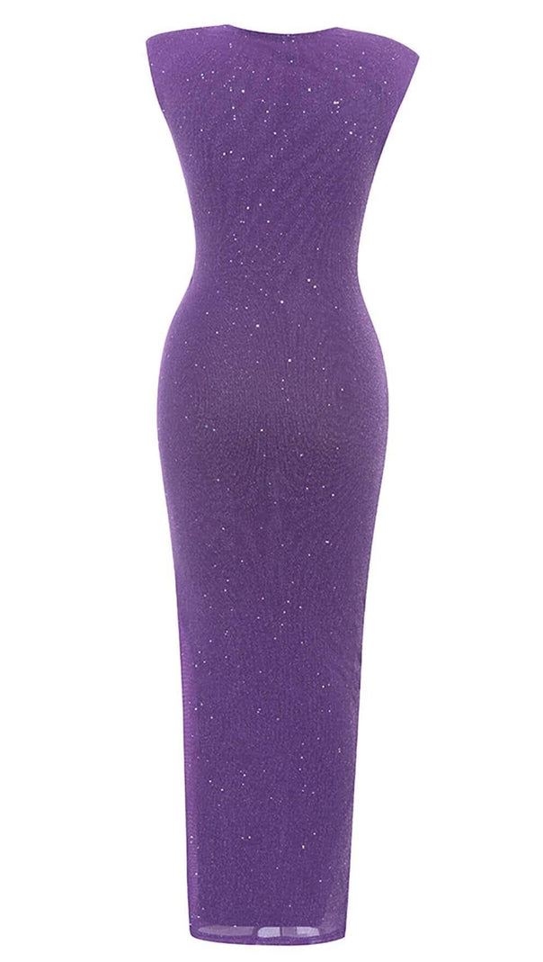 AIIZIE PLUNGE GLITTER BANDAGE MIDI DRESS IN AMETHYST - product image