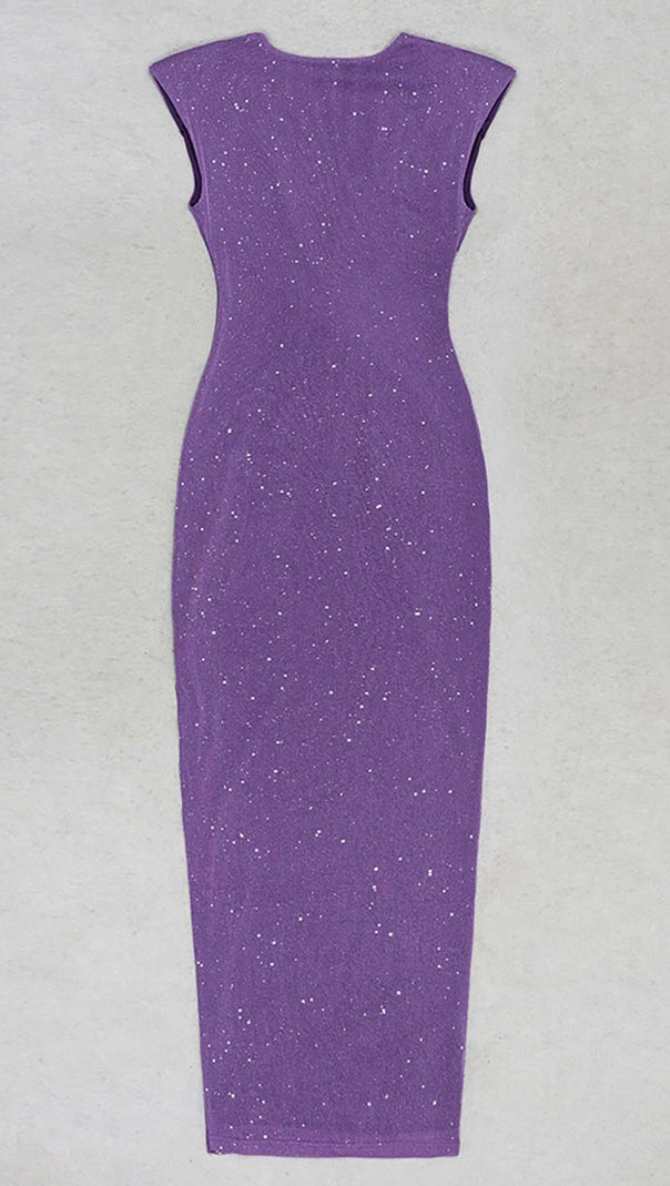 AIIZIE PLUNGE GLITTER BANDAGE MIDI DRESS IN AMETHYST - product image
