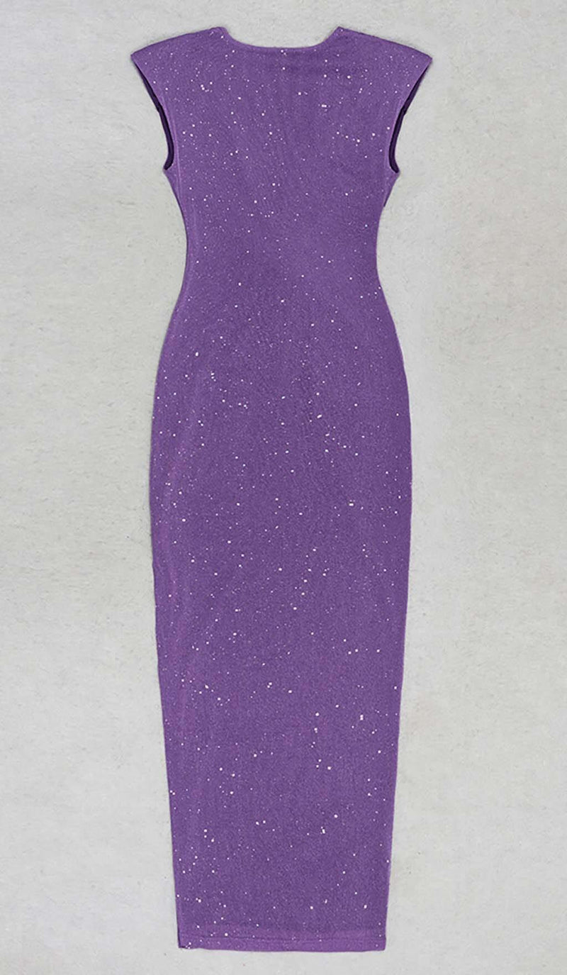 PLUNGE GLITTER BANDAGE MIDI DRESS IN AMETHYST