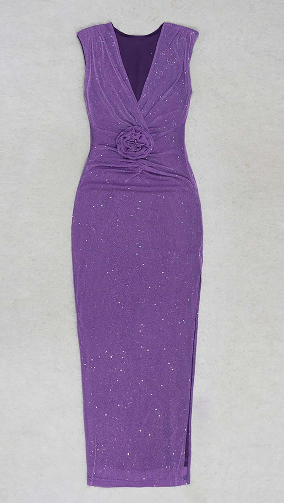 PLUNGE GLITTER BANDAGE MIDI DRESS IN AMETHYST