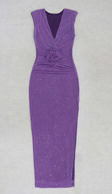 PLUNGE GLITTER BANDAGE MIDI DRESS IN AMETHYST