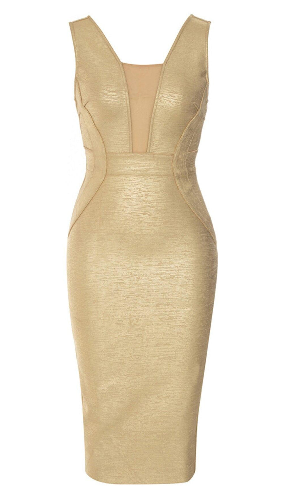 ABITO MIDI CON BENDAGGIO A RETE CON SCOLLO A V IN ORO