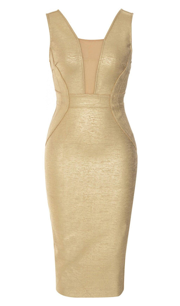 PLUNGE MESH BANDAGE MIDI DRESS IN GOLD