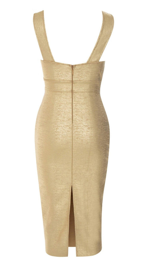 AIIZIE PLUNGE MESH BANDAGE MIDI DRESS IN GOLD - product image