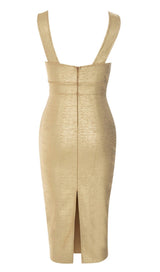 PLUNGE MESH BANDAGE MIDI DRESS IN GOLD